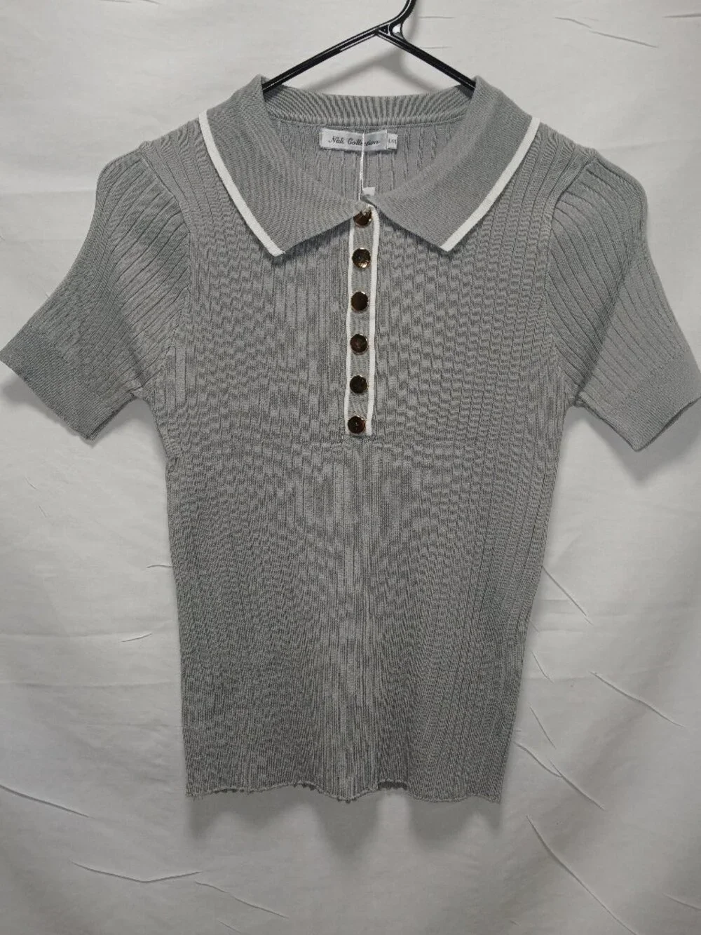 Nali Collection Ribbed Knit Button‑Front Top L/MXLGray White Trim - Picture 1 of 4